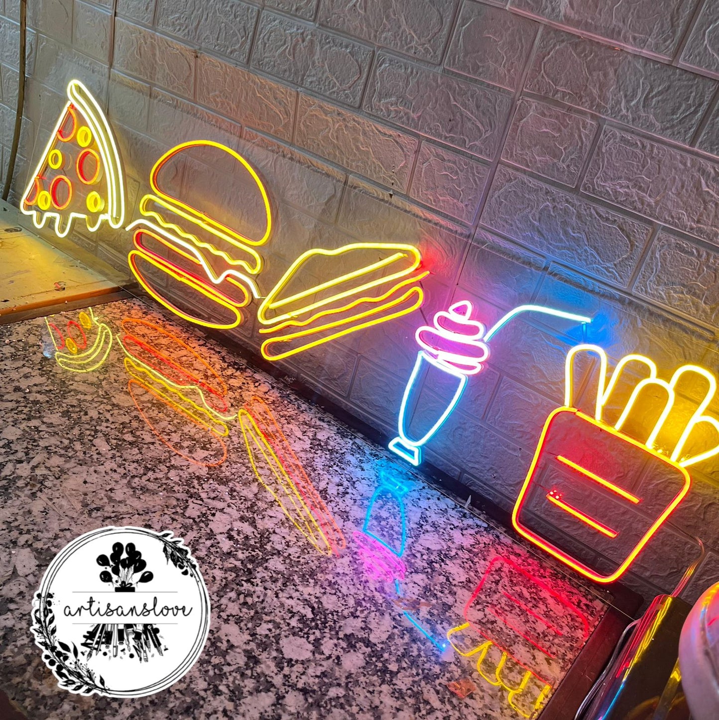 Pizza Burger Sandwich Shake French Fries Neon