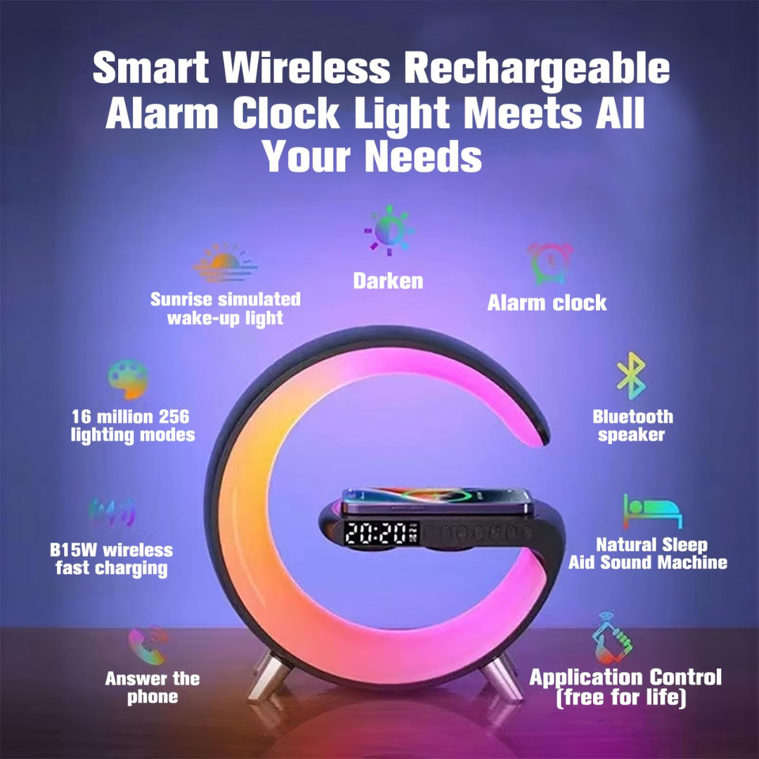 Smart Atmosphere Lamp with 15W Wireless Charger, Smart RGBIC Lights, Alarm Clock, Bluetooth Speaker