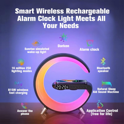Smart Atmosphere Lamp with 15W Wireless Charger, Smart RGBIC Lights, Alarm Clock, Bluetooth Speaker