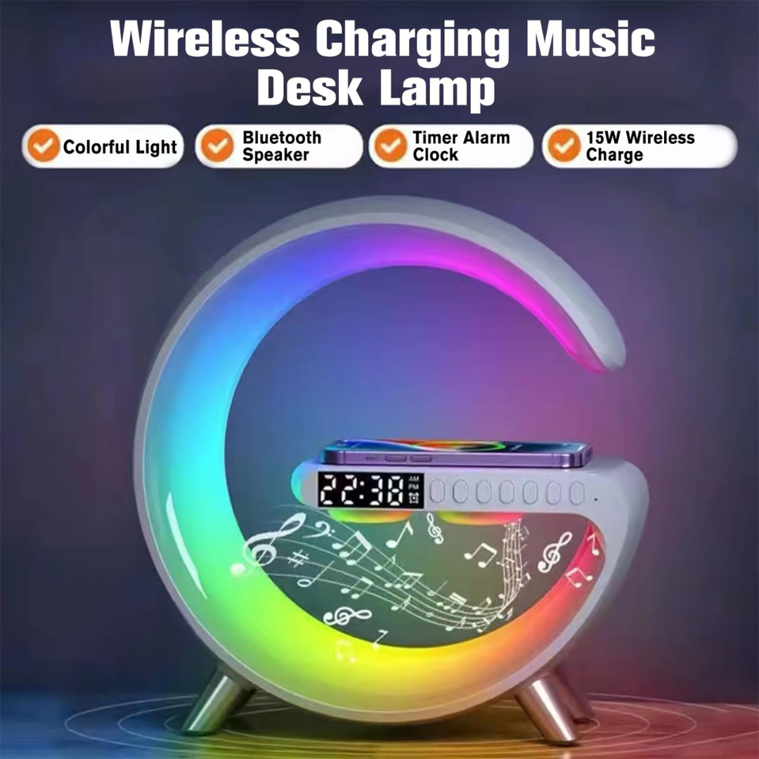 Smart Atmosphere Lamp with 15W Wireless Charger, Smart RGBIC Lights, Alarm Clock, Bluetooth Speaker