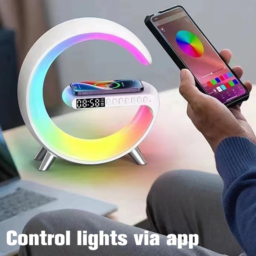 Smart Atmosphere Lamp with 15W Wireless Charger, Smart RGBIC Lights, Alarm Clock, Bluetooth Speaker