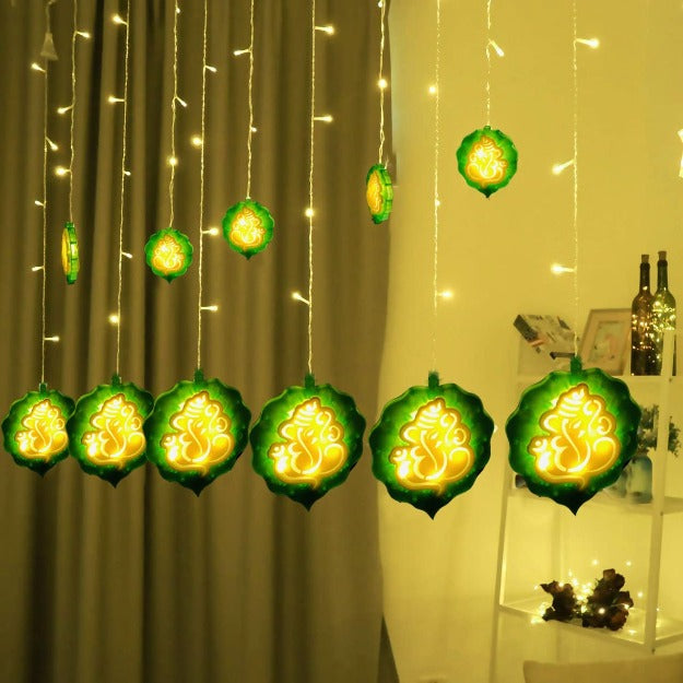 Ganpati Curtain Lights | 12 Ganpati Lights | Warm White LED | Ganpati Decoration