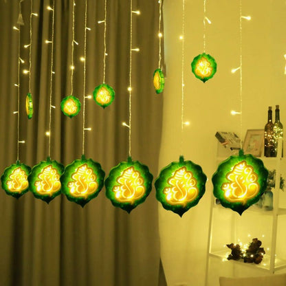 Ganpati Curtain Lights | 12 Ganpati Lights | Warm White LED | Ganpati Decoration