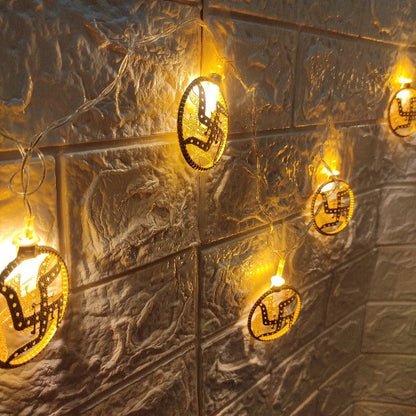 Swastik Metal String Lights | Amber Yellow LED | Ganpati Decoration
