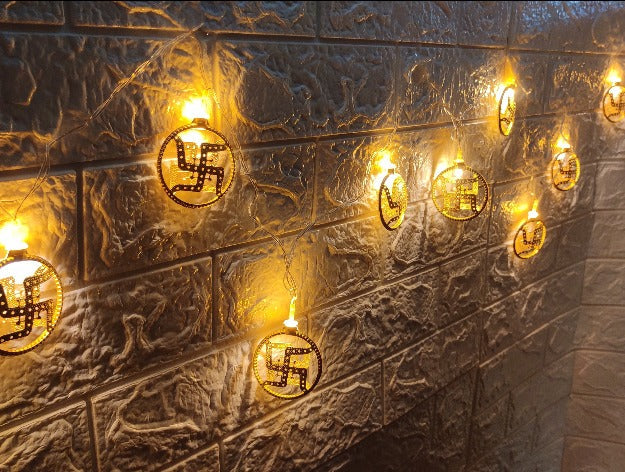 Swastik Metal String Lights | Amber Yellow LED | Ganpati Decoration