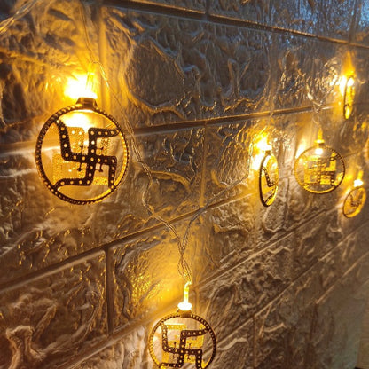 Swastik Metal String Lights | Amber Yellow LED | Ganpati Decoration