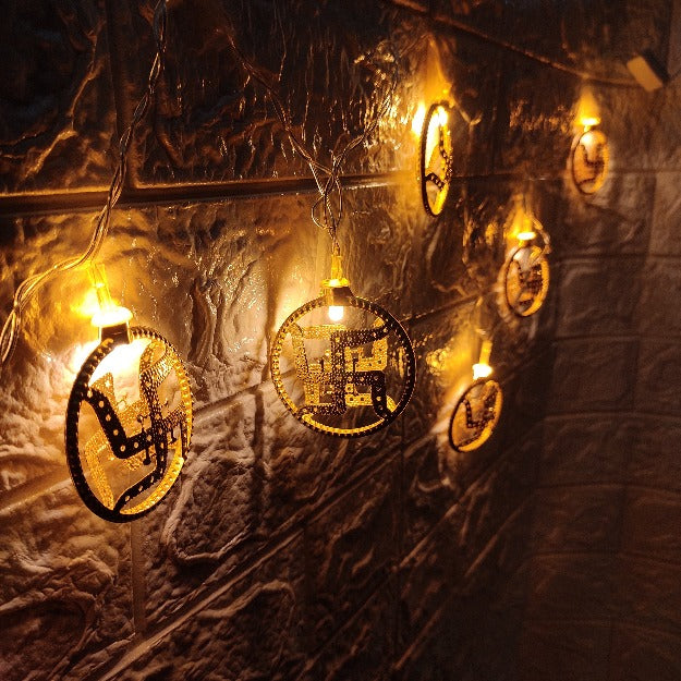 Swastik Metal String Lights | Amber Yellow LED | Ganpati Decoration