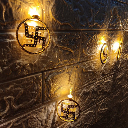 Swastik Metal String Lights | Amber Yellow LED | Ganpati Decoration
