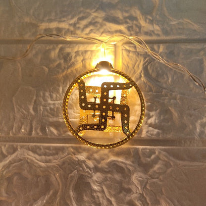Swastik Metal String Lights | Amber Yellow LED | Ganpati Decoration