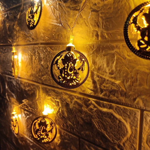 Ganpati Metal String Lights | Amber Yellow LED | Ganpati Decoration