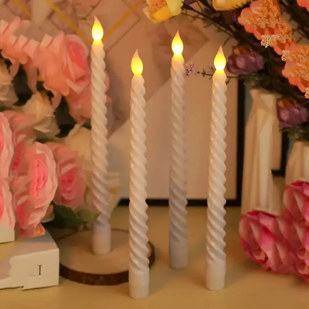 LED Long Pole Flameless Flickering Swirl Shape Taper Candles - Battery Operated | Warm White