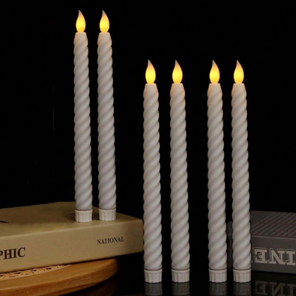 LED Long Pole Flameless Flickering Swirl Shape Taper Candles - Battery Operated | Warm White