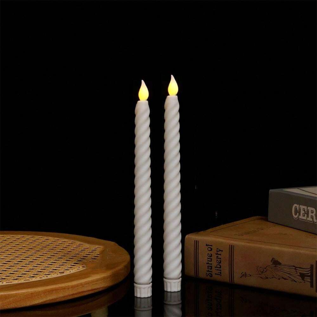 LED Long Pole Flameless Flickering Swirl Shape Taper Candles - Battery Operated | Warm White