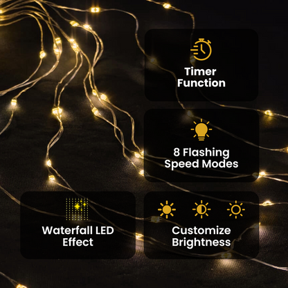 Copper Wire Fairy LED Lights with Waterfall Effect | Battery Operated | 8 Function Remote Control | Warm Warm