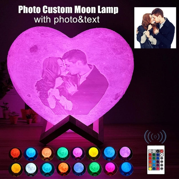 Personalized 3D Heart Shaped Moon Lunar Lamp with Photo and Message Customization