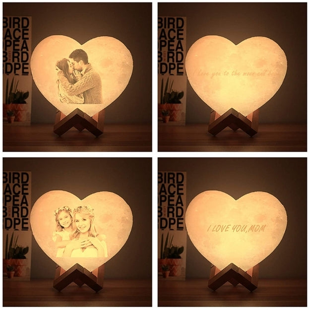 Personalized 3D Heart Shaped Moon Lunar Lamp with Photo and Message Customization