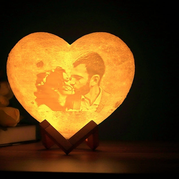 Personalized 3D Heart Shaped Moon Lunar Lamp with Photo and Message Customization