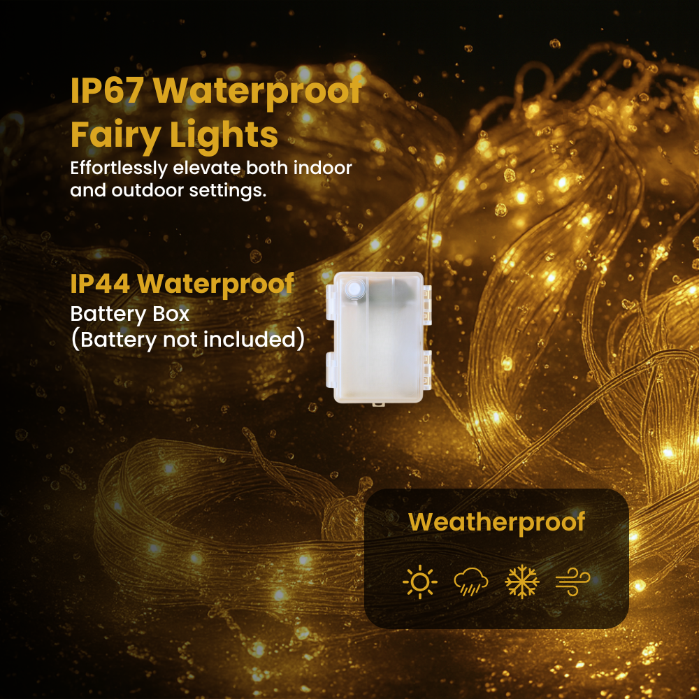 Copper Wire Fairy LED String Lights - 3AA Battery Operated | 8 Function Remote Control | IP44 Waterproof | Warm White