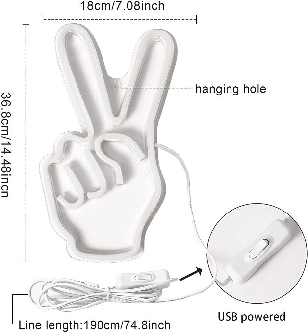 Peace Sign Hand Neon Sign Light Wall Hanging | USB Operated