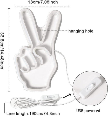 Peace Sign Hand Neon Sign Light Wall Hanging | USB Operated