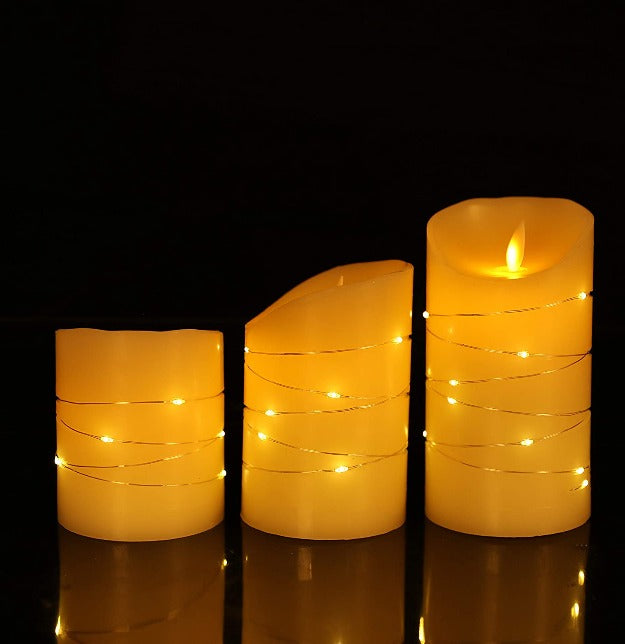 LED Pillar Candles with Fairy Lights | Pack of 3