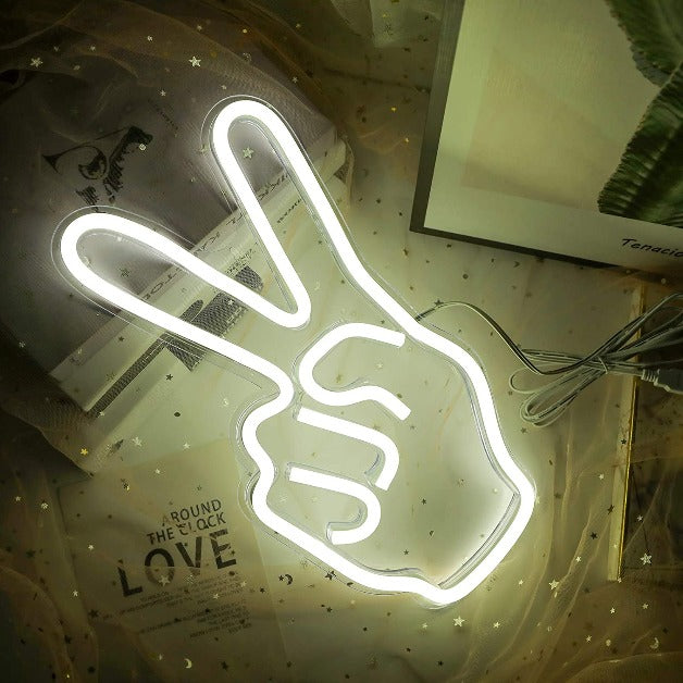 Peace Sign Hand Neon Sign Light Wall Hanging | USB Operated