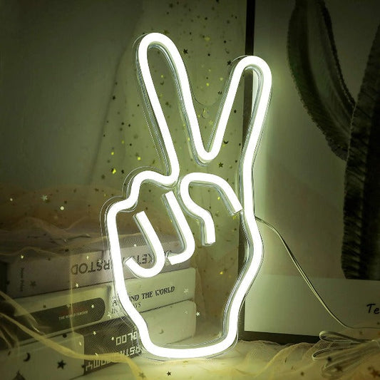 Peace Sign Hand Neon Sign Light Wall Hanging | USB Operated