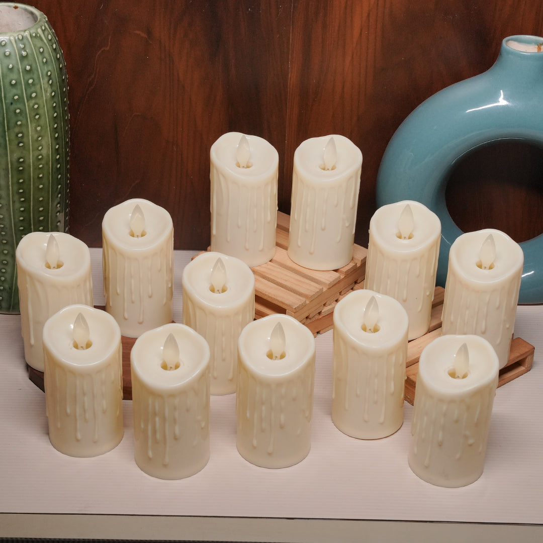 LED Moving Wick Dripping Pillar Candle - Pack of 12