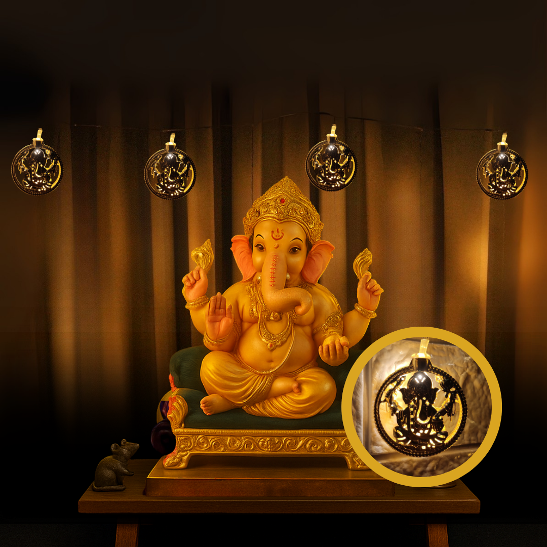 Ganpati Metal String Lights | Amber Yellow LED | Ganpati Decoration