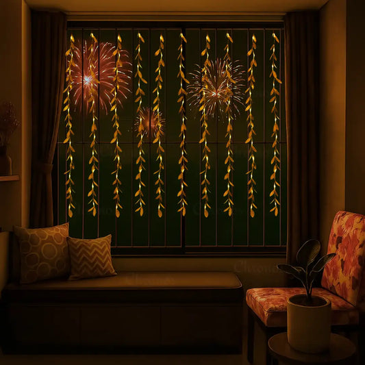 Golden Leaves Garland Curtain Lights | Warm White | Diwali Decoration
