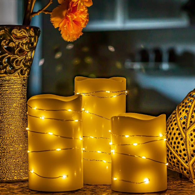 LED Pillar Candles with Fairy Lights | Pack of 3