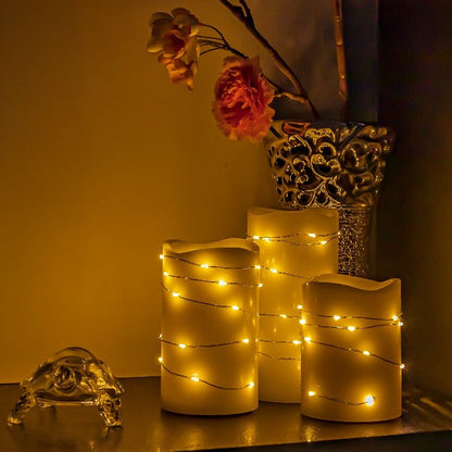 LED Pillar Candles with Fairy Lights | Pack of 3