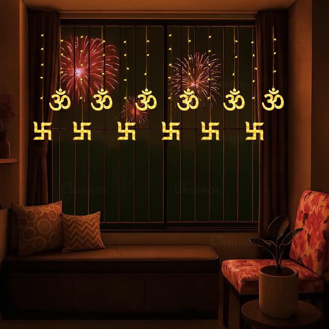 OM Swastik Curtain Lights | Yellow LED – Diwali Decorative Lights