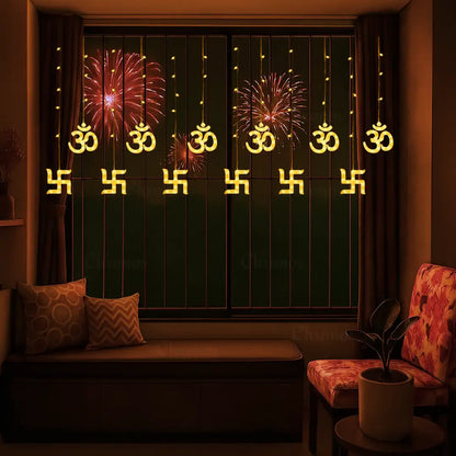 OM Swastik Curtain Lights | Yellow LED – Diwali Decorative Lights