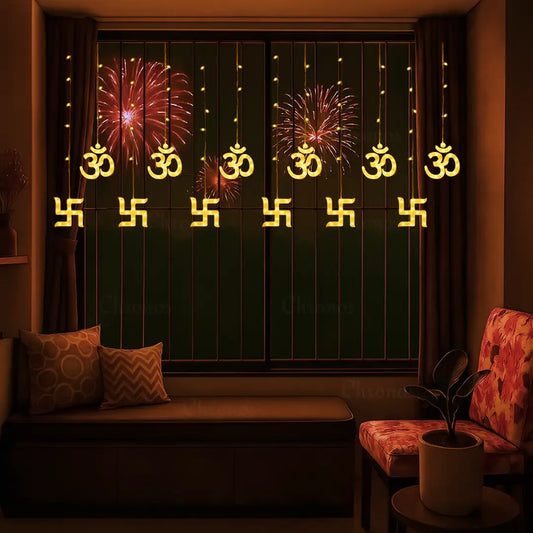 OM Swastik Curtain Lights | Yellow LED – Diwali Decorative Lights