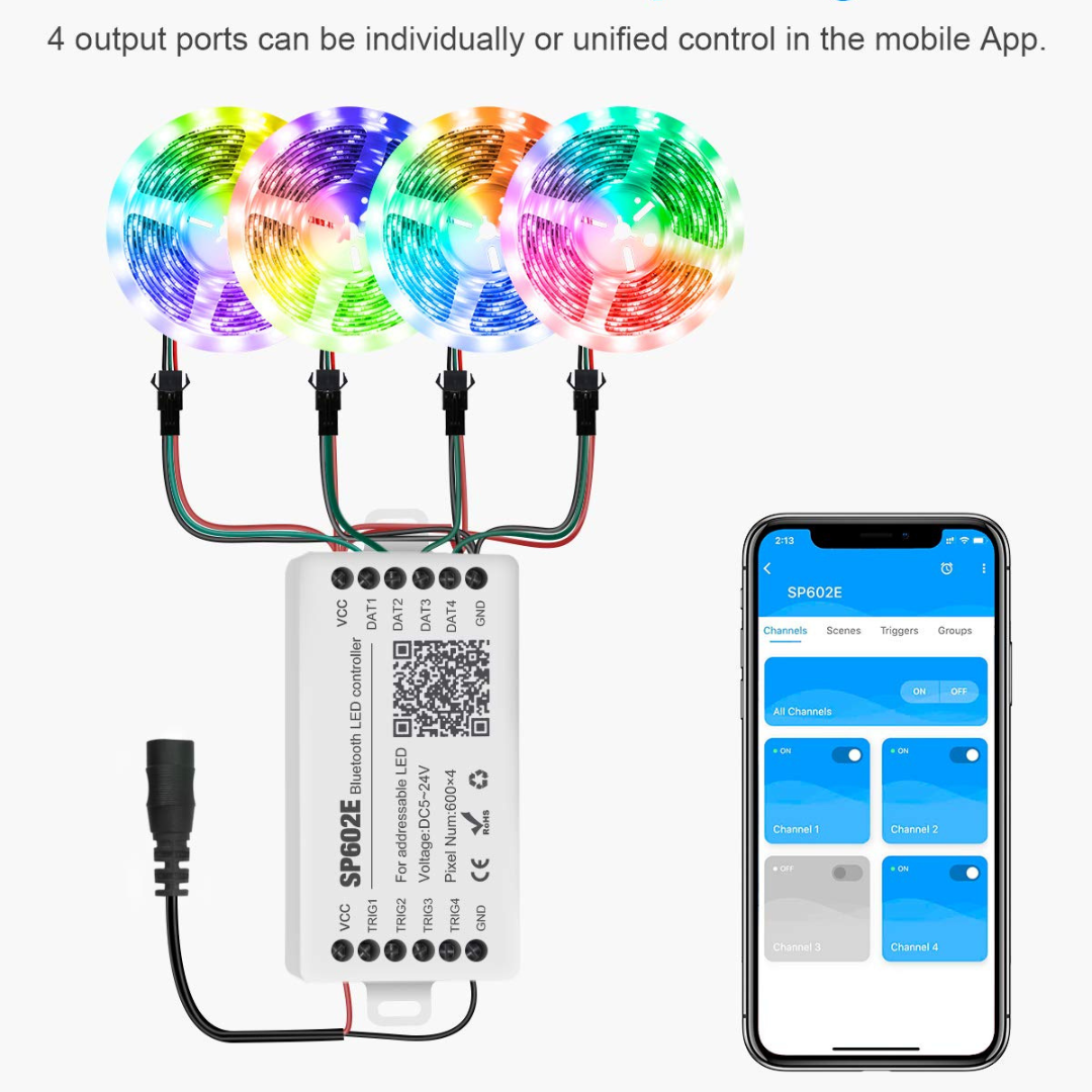 SP602E Bluetooth Pixel Controller with 4 Signal Outputs for LED Module Pixel Strip Light