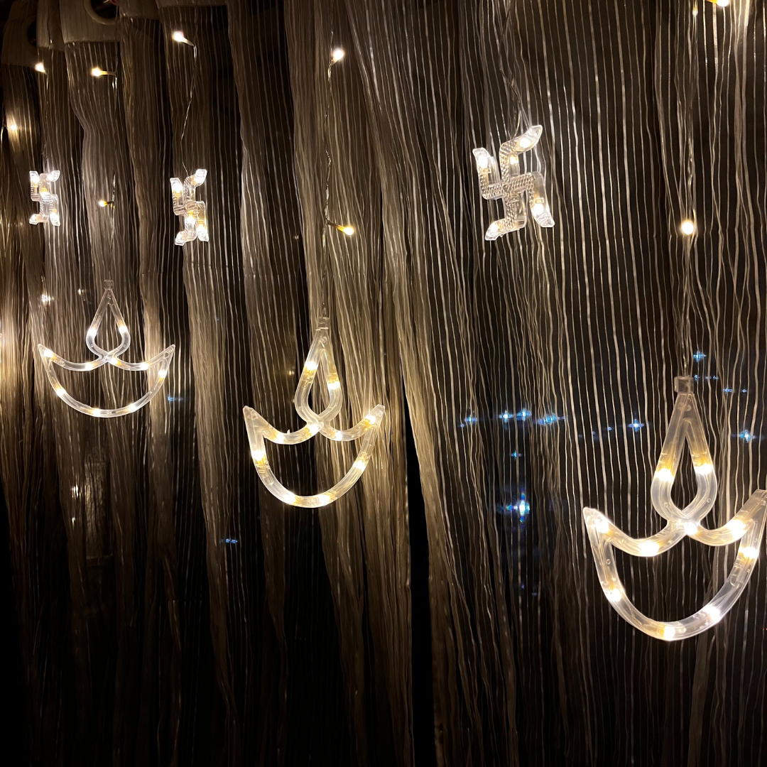 Swastik + Diya Curtain Lights | Warm White Pixel LED
