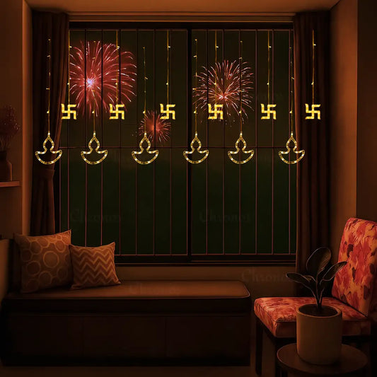 Swastik + Diya Curtain Lights | Warm White Pixel LED