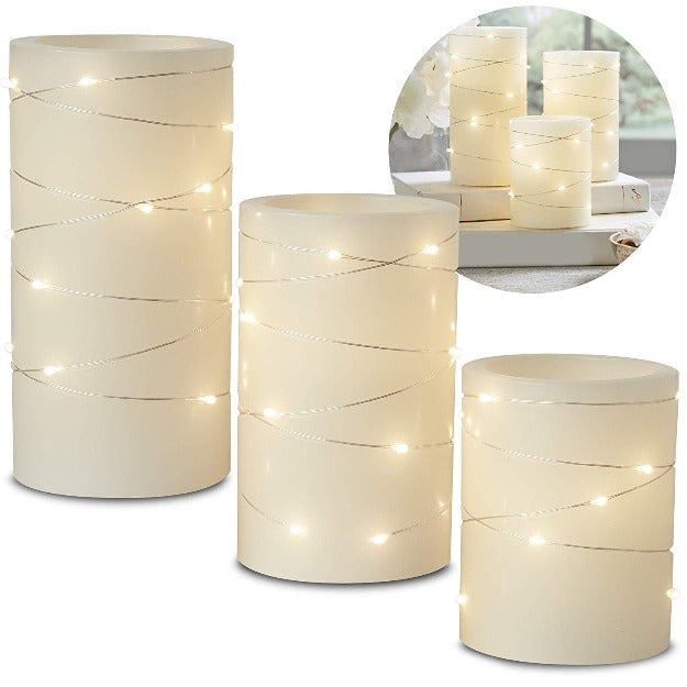 LED Pillar Candles with Fairy Lights | Pack of 3