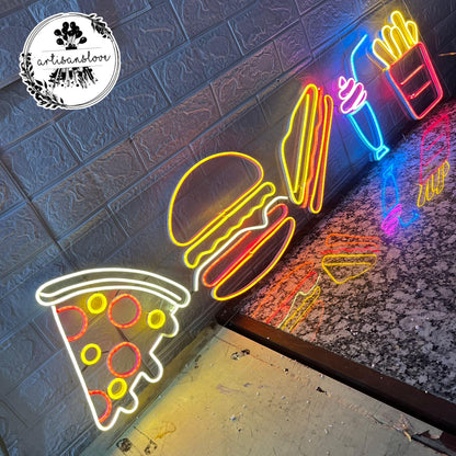 Pizza Burger Sandwich Shake French Fries Neon