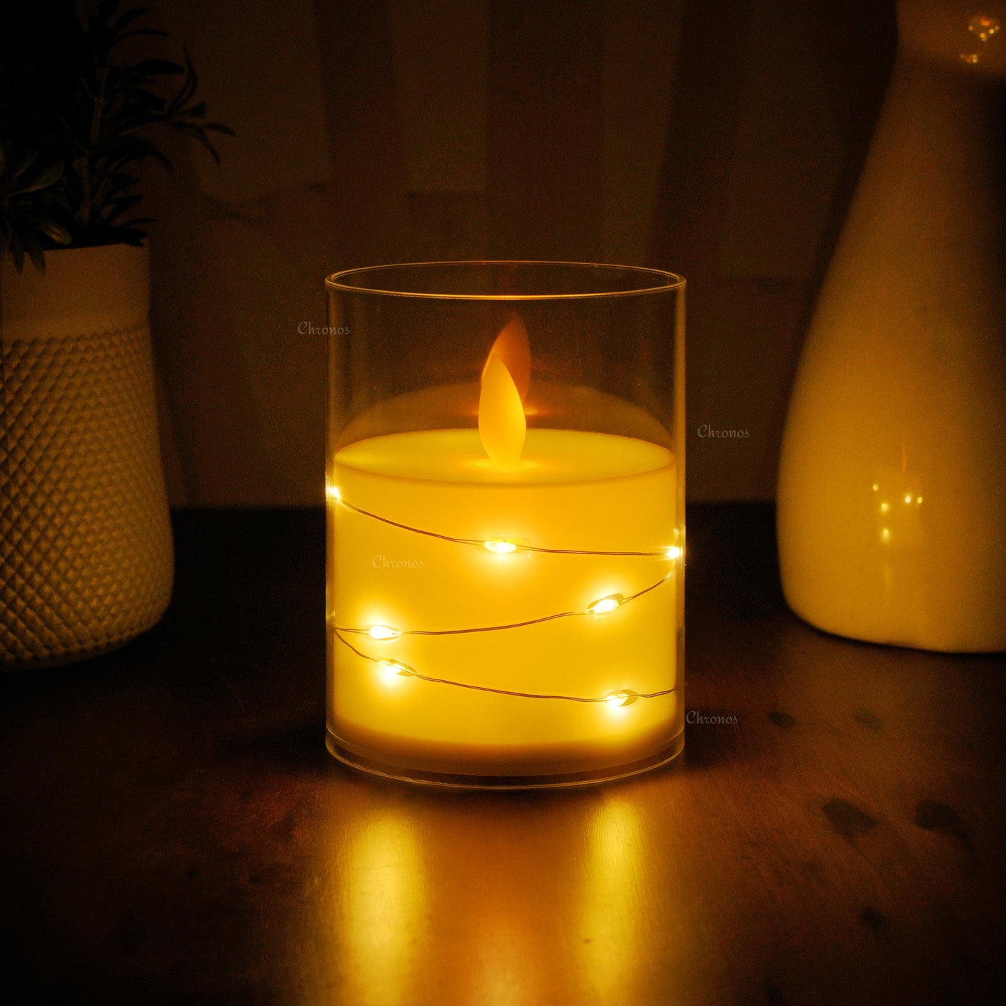 Acrylic Glass LED Moving Flame Pillar Candle - With Fairy Light