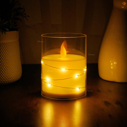 Acrylic Glass LED Moving Flame Pillar Candle - With Fairy Light