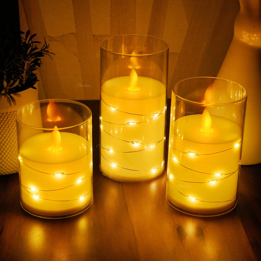 Acrylic Glass LED Moving Flame Pillar Candle - With Fairy Light