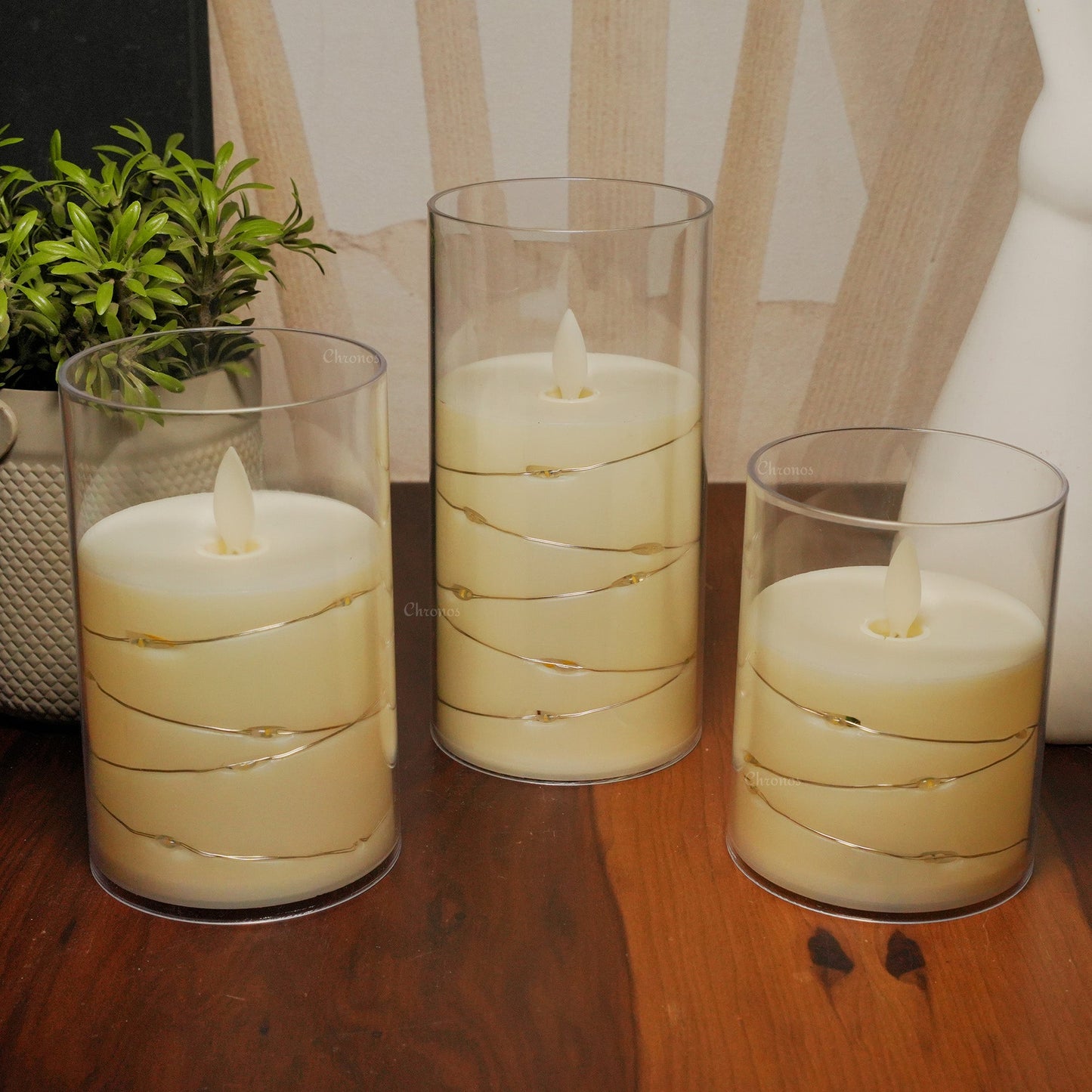 Acrylic Glass LED Moving Flame Pillar Candle - With Fairy Light