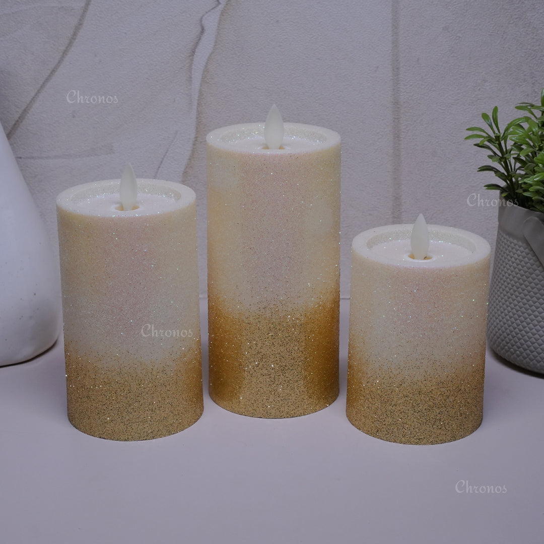 LED Moving Flame Glitter Pillar Candle – Flameless, Battery Operated, Warm White Glow (Multiple Sizes)