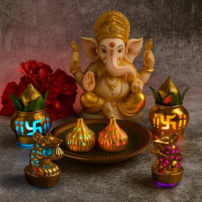 LED Kalash with Meena Leaf Table Lamp (Pack of 2) | Divine Glow for Your Pooja Mandir & Home Décor