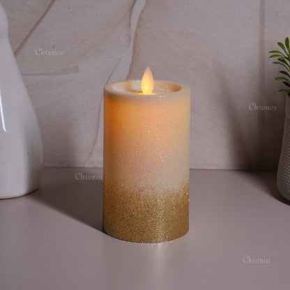 LED Moving Flame Glitter Pillar Candle – Flameless, Battery Operated, Warm White Glow (Multiple Sizes)