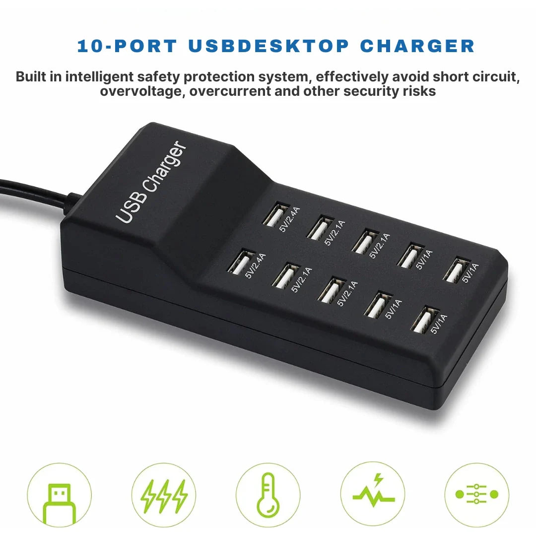 USB Charging Station – 10-Port, 50W | Fast Multi-Device Desktop Charger | Smart IC Technology