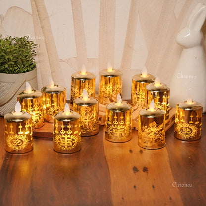 Flameless LED Pillar Candles – Om, Swastik & Devotion Variants - Pack of 12