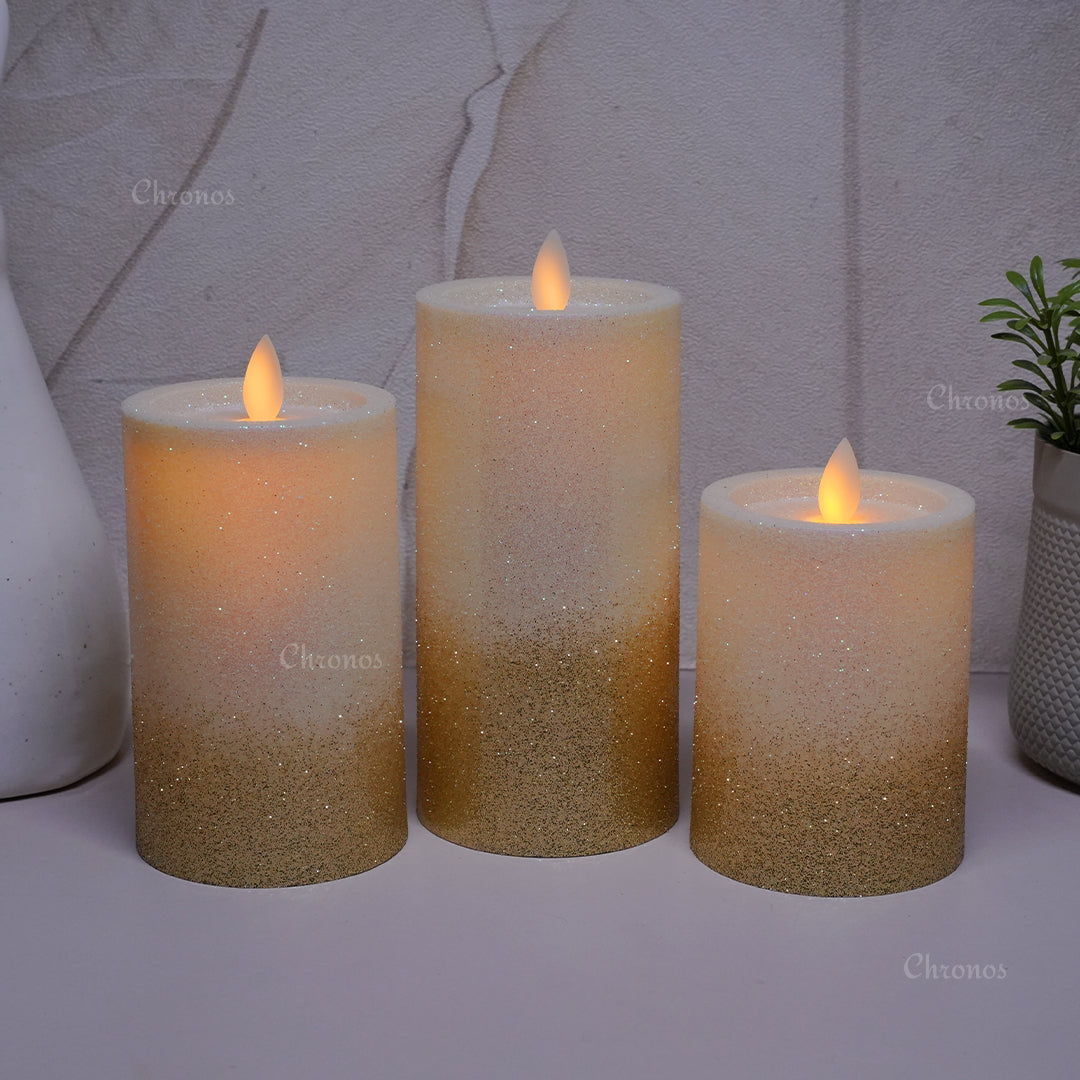 LED Moving Flame Glitter Pillar Candle – Flameless, Battery Operated, Warm White Glow (Multiple Sizes)